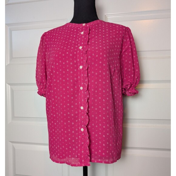 J Crew Size L Blouse Hot Pink  Romantic Buttons Puff Sleeve Casual Coquette - Picture 2 of 10